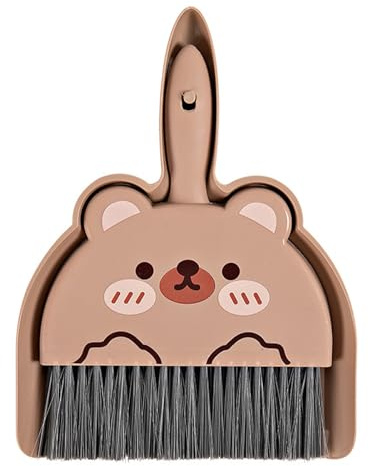 ulafbwur Lot de 2 mini pelle à poussière et balayette, motif dessin animé, petit balai, pelle à poussière compacte et balai à main pour nettoyage de clavier, marron