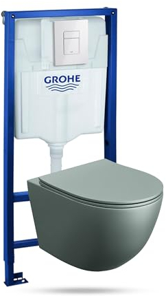 Lavita Vorwandelement Solido + Wand Hänge WC Sinto Grau Spülrandlos + WC Sitz mit Absenkautomatik Glänzend Weiß Knopf Komplettset Unterputz Spülkasten Toilette Komplett Sett WC