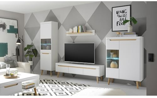 Lomadox Wohnzimmer komplett Set in Weiß Matt mit Eiche, 5-teilig inkl. Couchtisch, Standvitrine, TV-Lowboard, Wandboard, Vitrine