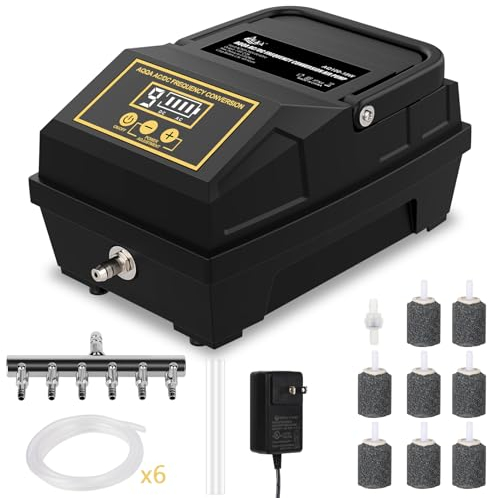 AQQA Aquarium Luftpumpe,Leistungsstarker 6 Ausgänge Aquarium Sauerstoffpumpe,18W Einstellbare Aquarium Belüfterpumpe mit komplett Zubehör, Sauerstoffpumpe bis zu 4500L