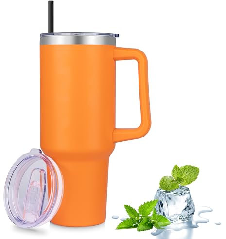 MURBONE Tumbler 1.2L with Straw Lid and Handle, 40oz Stainless Steel Double Wall Vacuum Insulated Travel Mug for Cold or Hot Drinks, Orange