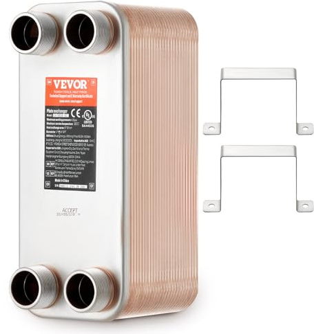 VEVOR Échangeur de chaleur à plaques brasées, 127x305 mm, échangeur thermique 50 plaques en cuivre/acier inoxydable 316L pour chauffage au sol, chauffage d'eau, fonte de neige, refroidissement bière