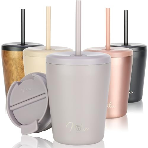 Milu Thermobecher 300ml - 100% Auslaufsicher - Edelstahl Kaffeebecher to go isoliert mit Strohhalm hält 10h heiß / 20h kalt, BPA-frei (Taupe Grau, 300ml)