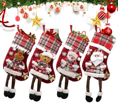 Uoimky Calcetín de Navidad, 4 unidades, botas de Papá Noel para rellenar, calcetines de Papá Noel para colgar, calcetines de Navidad, decoración de Navidad para árbol de Navidad, chimenea, pared,
