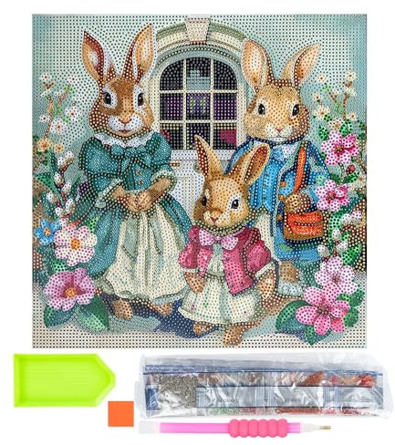 Ideen mit Herz Diamond Painting Tela su telaio | 30 cm x 30 cm | Set con attrezzi (famiglia di conigli)