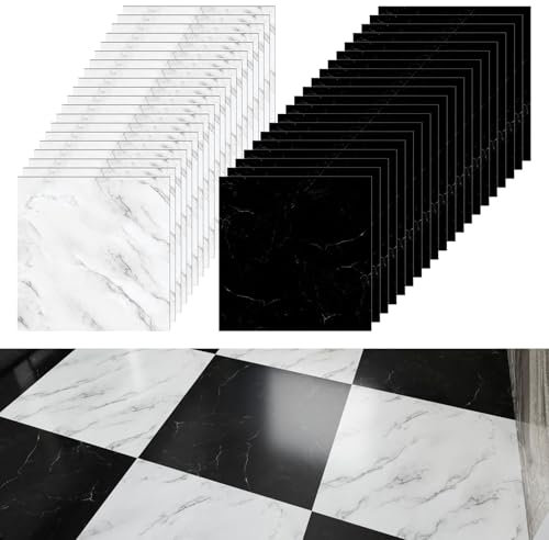CYEER PVC Bodenbelag Selbstklebend 30x30CM Bodenfliesen Selbstklebend Küche, Selbstklebende Bodenfliesen für Wohnzimmer, Badezimmer, 3.6 m²/40 Fliesen, Schwarz Weiß Marmor