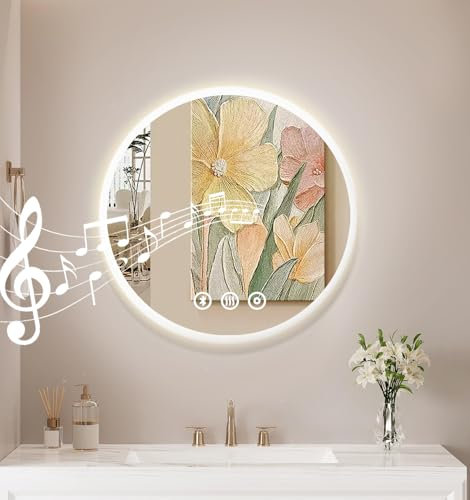 Miroir de Salle de Bain avec éclairage, 50 cm, avec éclairage, Anti-buée, Bluetooth, 3 Couleurs de lumière, LED, avec Interrupteur Tactile, Miroir de Salle de Bain avec lumière