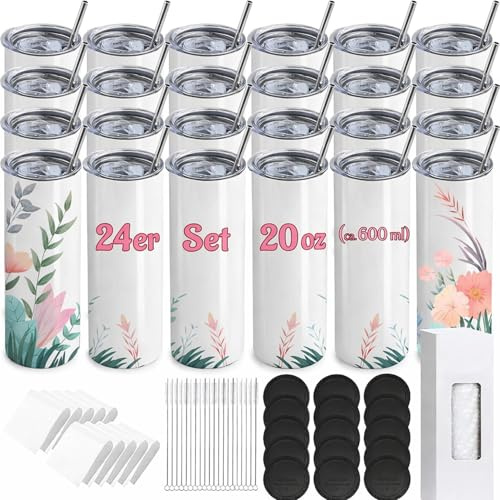 TESIN 24er-Pack Sublimation Becher im Großhandel, 20 oz Edelstahl Schlanker Gerade Tumbler, Weiße Doppelwandige Vakuumisolierte Becher mit Metallstrohhalmen, Einzeln Verpackt