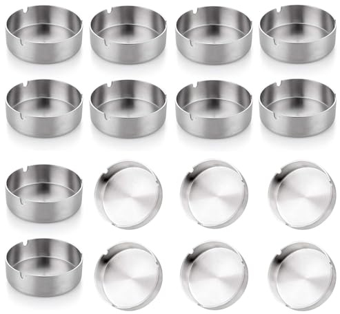 Aschenbecher,16 Stücke 8cm Rund Edelstahl ZigarettenascheSet für Innenraum und Draußen,Wird in Restaurants, Bars, Draußen,16 Stücke,Sliver