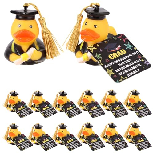 Lyreh 12stk Abschluss-Gummiente 2025 mit Karten, Mini-Abschluss-Enten mit Mütze & Diplom als Party-Giveaways Badespielzeug Auto-Armaturenbrett-Deko Kuchen-Topper Abschluss-Geschenke (Gold)