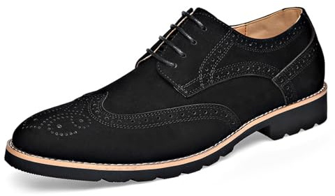 Men's Suede Leather Wingtip Vintage Oxfords Low Top Lace-Up Low Block Heel Carved Brogue Dress Derby Shoes for Casual Business (Black,11)