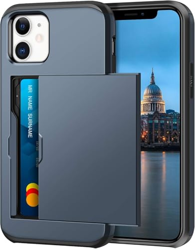 JYNCHDZ for iPhone 12 Case with Card Holder Shockproof Hard PC Shell Soft TPU Bumper Heavy Duty Protection Slim Fit Anti-Drop Armor Cover for iPhone 12, Dark Blue