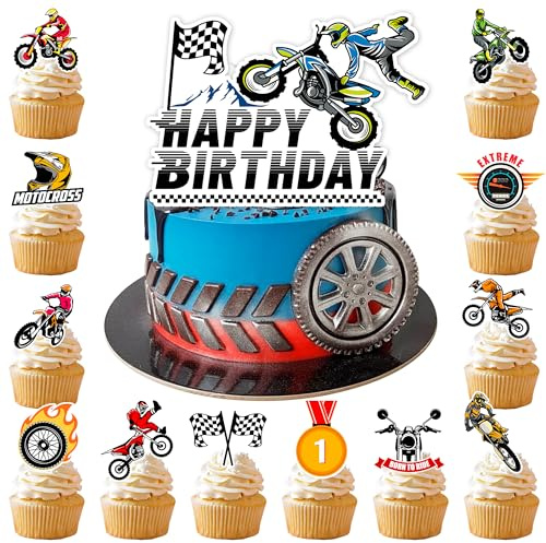 Motorcycle Cake Topper, 24 Pcs Motorcycle Cupcake Toppers/Dirtbike Cupcake Toppers + 1 Pcs Dirt Bike Cake Topper for Dirt Bike Birthday Party Decorations Supplies