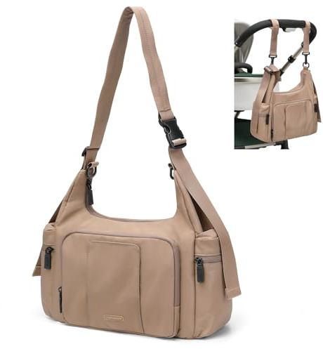 GOLF QUALITY Sac à Langer pour Bébé Fourre-tout, Grande Capacité Sac Bandoulière à Langer avec 2 Crochets de Poussette, Sac de Maternité Sac à Couches de Voyage Hôpital,Marron Champagne