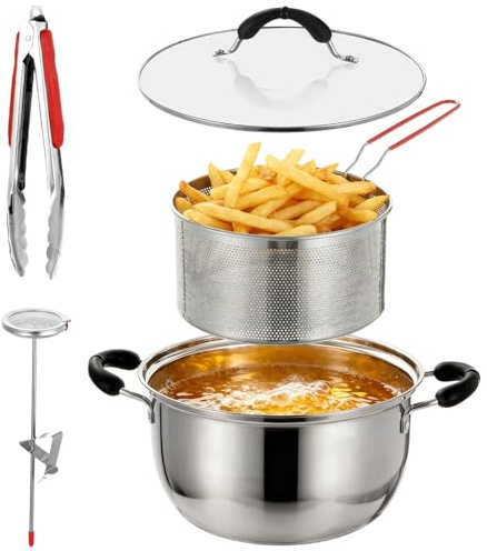 4 Pcs Deep Fryer Pot with Basket, 304 Stainless Steel Fryer Includes 6QT Pot for Frying, Steaming, Cooking, Food Clip, Thermometer and Frying Basket, Great for Home Kitchen Use