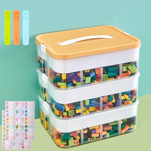 KIMIGO Scatole di Plastica per Lego, 3 Strati Trasparenti Scatola Giochi per Bambini con Scomparti,Contenitori Mattoncini Impilabili,per Riporre i Giocattoli dei Bambini (Solo scatola)