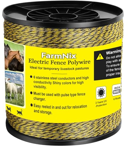 FarmNix Weidezaunlitze 1067 m– 2,3 mm Durchmesser, 6 Edelstahlleiter | 24 PE-Fasern, Gelb-Schwarze Weidezaun Elektrozaun Litze für Pferde, Rinder, Ziegen und Nutztiere