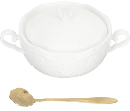 Veemoon Bol à Dessert en Céramique Blanc Pur à Deux Anses avec Couvercle Bol Multifonction pour Soupe Salade de Fruits et Céréales Ensemble 1 Pièce avec Cuillère Usage Domestique