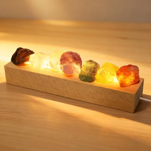 Lámpara de Sal con Base Madera, 7 Colores Piedras de Sal con Luz Ajustable para Ambiente Relajante, Luz Nocturna de Piedra Cristal, Luces Acogedora para Meditación, Yoga, Decor (Cable eléctrico)