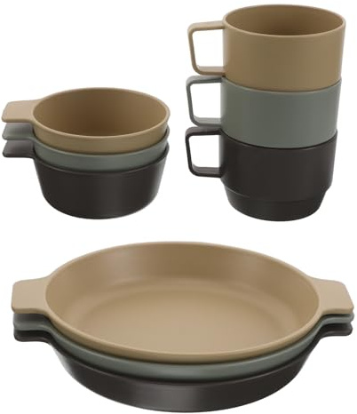 Alipis Ensemble de 9 tasses à café empilables avec poignées, bols et assiettes, pour le camping, indispensable en extérieur, idéal pour les pique-niques, les voyages et les barbecues.