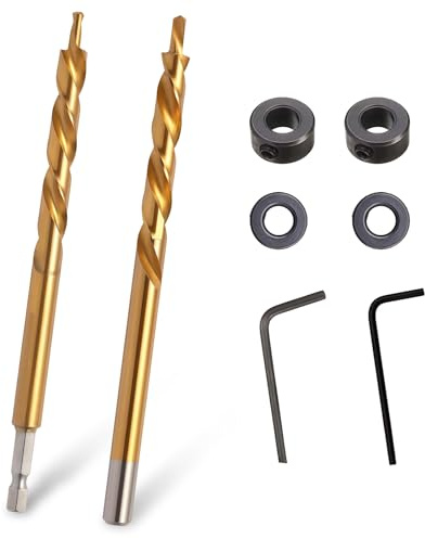 2 Pcs 9.5 mm (3/8 Inch) Pocket Hole Drill Bit Set, HSS Step Bits | 1/4 Inch Hex Shank and Round Shank Bits With Depth Stop Collars for Wood, Plastic and DIY Pocket Hole Drilling, Gold
