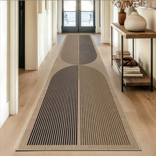 Capslpad Matta löpare, hall, 80 x 400 cm, halkfri, tvättbar hallmatta, jute-look, köksmatta, gångmatta för kök, vardagsrum, korridor, entré, svart, brun