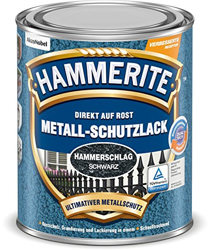 Hammerite Metallschutzlack Hammerschlag, 3in1- Rostschutz, Schwarz, 250 ml