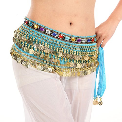 MUNAFIE Belly Dance Hip Scarf Belly Dancing Multi-Row Coin Noisy Belt Skirt Light Blue
