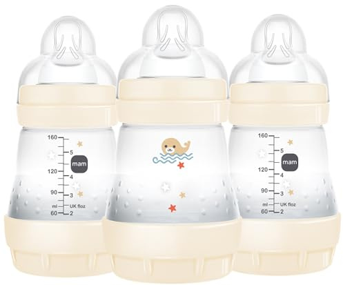 Whew MAM Easy Start Anti-Kolik-Flasche, 142 ml (3 Stück), Neugeborene Essentials, Langzeitflaschen mit Silikon-Nippel, Unisex, Unisex