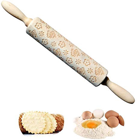 DesignerBox - Mattarello in legno con motivi incisi per goffratura, a tema pasquale, mattarello, per dolci fai da te, biscotti, pasta di zucchero Farfalle e fiori.
