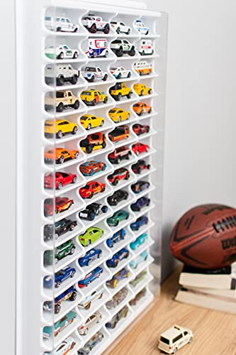 KB Tools Vitrine für Hot Wheels mit transparenter Abdeckung - Spielzeugregal mit 60 Fächern - robuste robuste Aufbewahrungsbox aus Kunststoff - modernes Design und Farben weiß