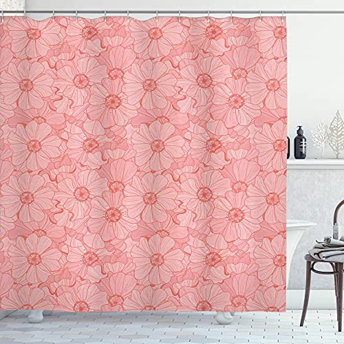 ABAKUHAUS Blumen Duschvorhang, Vintage Thick Blumen-Motiv, Stoffliches Gewebe Badezimmerdekorationsset mit Haken, 175 x 180 cm, Pale Pink und Koralle