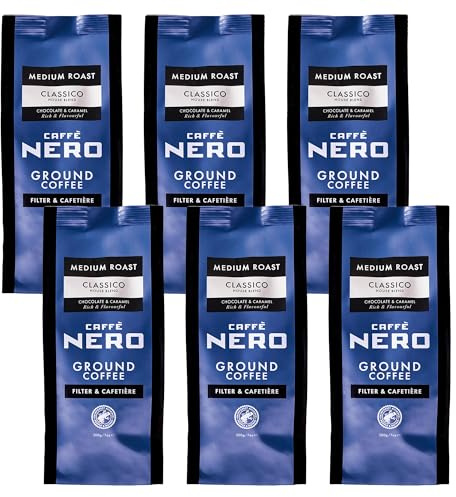 Caffè Nero Classico Signature Blend Ground Coffee - Filter Grind - 1.2KG | Medium Italian Roast - Dark Chocolate and Caramel Notes - Filter and Cafetiere Grind - 6 x 200g