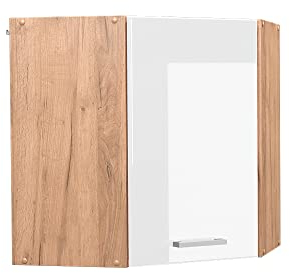 Vicco Eckhängeschrank R-Line, Küchen-Eckschrank, Weiß Hochglanz/Goldkraft Eiche, 57 cm
