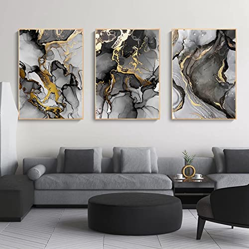 HEHGVCF Tableau sur toile - Motif géométrique - 40 x 60 cm - Art abstrait - Marbre - Noir et blanc - Doré - Gris - Tableau mural - Sans cadre - D : 40 x 60 cm