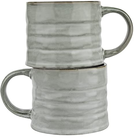 Kook Glazed Coffee Mugs, Ceramic, Microwave & Dishwasher Safe, 15 oz, Java/Slate, Set of 2 (Java/Slate Lined)