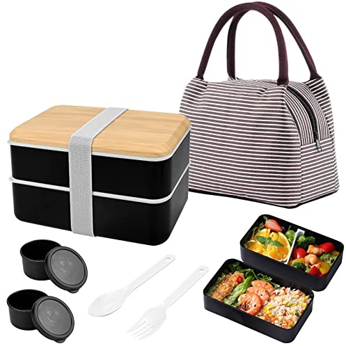 Bento Lunch Box, 1400ml Food Containers with Lids & Compartments Leakproof Salad Meal Container with 2 Dressing Pots & Insulated Lunch Bag for Kids Adults - Microwavable, Freezer & Dishwasher Safe