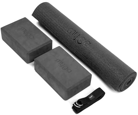Myga Yoga-Starter-Set – Yogamatte, 2 Yoga-Blöcke und Yogagurt – Starter-Set mit Matte, 2 Steinen & Metall-D-Ring-Gürtel für Anfänger in Yoga, Pilates & Fitness (Schwarz)
