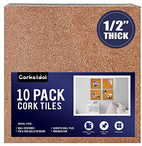 Corksidol Lot de 10 dalles en liège de 30,5 x 30,5 cm – 1,27 cm d'épaisseur – Tableau d'affichage – Tableau en liège – Dos autocollant ultra résistant pour sol/mur/bricolage