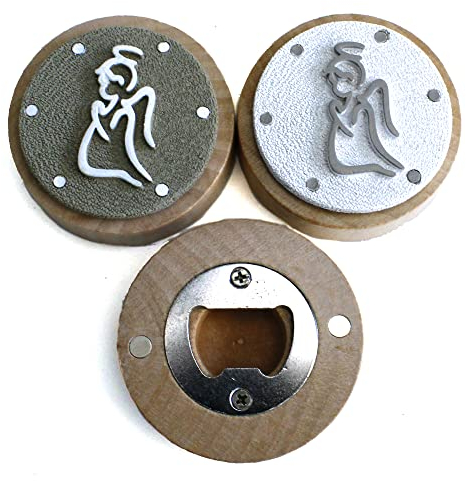 DLM33575 (Kit 12 Pezzi) Apri Bottiglie Apribottiglie con Calamita Moderno Design Tondo in Legno Angelo Angioletto Puttino Battesimo Comunione Nascita bomboniera