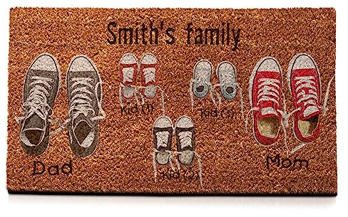 Wanapix | Fußmatte aus Kokosfasern Personalisiert mit Name | Original Türmatte für Innenbereiche | Unterseite | Familien Namen | 2 Schuhe + 3 Kind