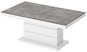 designimpex Design Couchtisch Matera Lux H-333 Beton - Weiß Hochglanz Betonoptik höhenverstellbar ausziehbar Tisch Esstisch