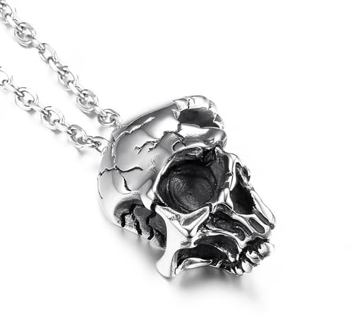 GTHIC Collar con colgantes de calavera de media cara dañada de acero inoxidable para hombres y mujeres, joyería gótica de motorista Punk con cadena de 24 pulgadas