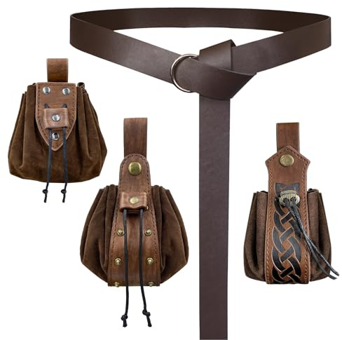 EpicCos 4 st medeltida O-ringbälte och dragskoväska set, retro fuskläder bältesväska tärningsväska bärbar myntväska för LARP, Brun a, One Size, Fits Most