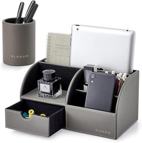Vlando Organizador de escritorio con cajón, portalápices, piel sintética, material de oficina, organizador de escritorio, organizador de escritorio multifuncional, soporte para mando a distancia, gris