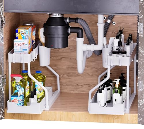 Viusneun Spülschrank Organizer, 2 Etagen Kunststoffe Unter Waschbecken Regal,Verstellbare Breite Ausziehbarer Schrank-Organizer, Teleskopschublade für Küche, Bad, Unterschrank (Weiß 2 Stück)