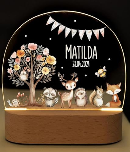 Bärenfreunde® - Personalisiertes Nachtlicht für Babys - Nachttischlampe für Kinder - Personalisierte Geschenke Kinder - Babygeschenk, Taufgeschenk, Geschenk zur Geburt (Blumenbaum Tiere)