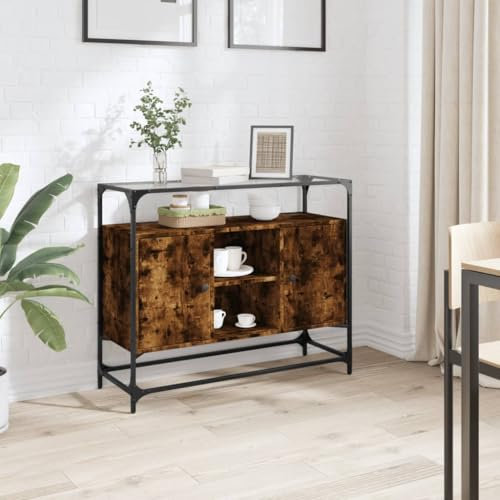 Somanki Sideboard mit Glasplatte Räuchereiche 98x35x81 cm Holzwerkstoff, Kommode Schlafzimmer, Kommoden & Sideboards, Wohnzimmerschrank, Flur Kommode, Zimmer Möbel - 846071