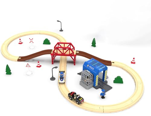 Wooden Railway Set – Police Station Theme with Figure-8 Tracks, 52-Piece Kids’ Building Toy, Compatible with Thomas and Friends, Brio