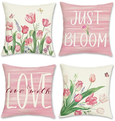 Bonhause 4er Set Kissenbezüge Blumen Rosa 45 x 45 cm Tulpen Polyester Leinen Dekorative Kissenhülle Zierkissenbezüge für Sofa Schlafzimmer Zuhause Garten Frühling Dekoration